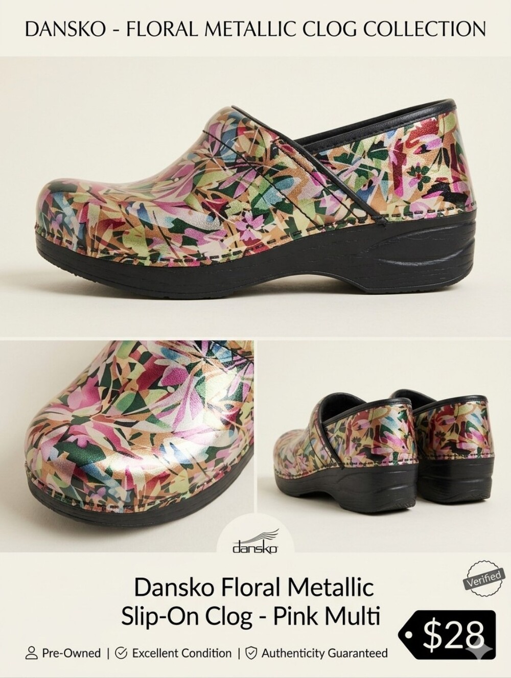 Dansko Metallic Floral Clog in Pink, Green & Gold Size 7.5 - 8